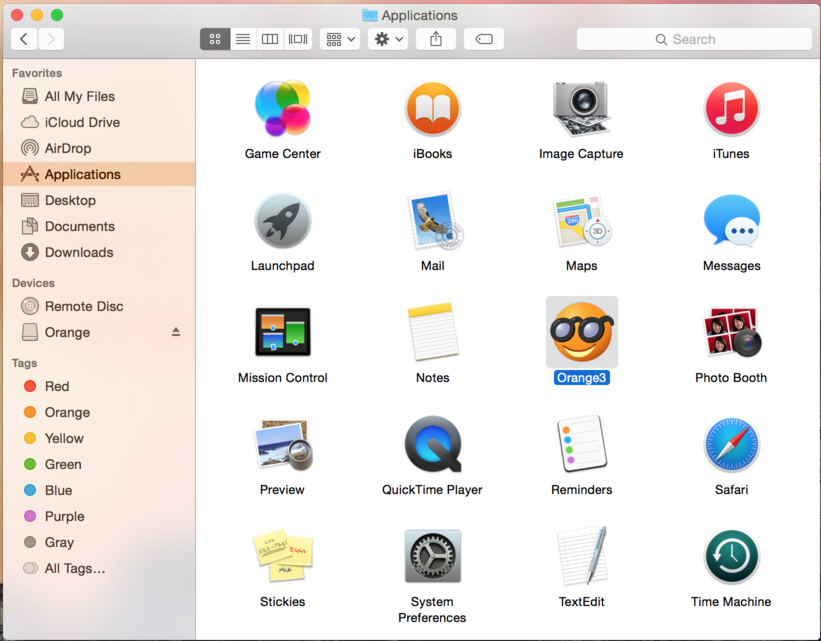Screenshot showing applications folder with Orange